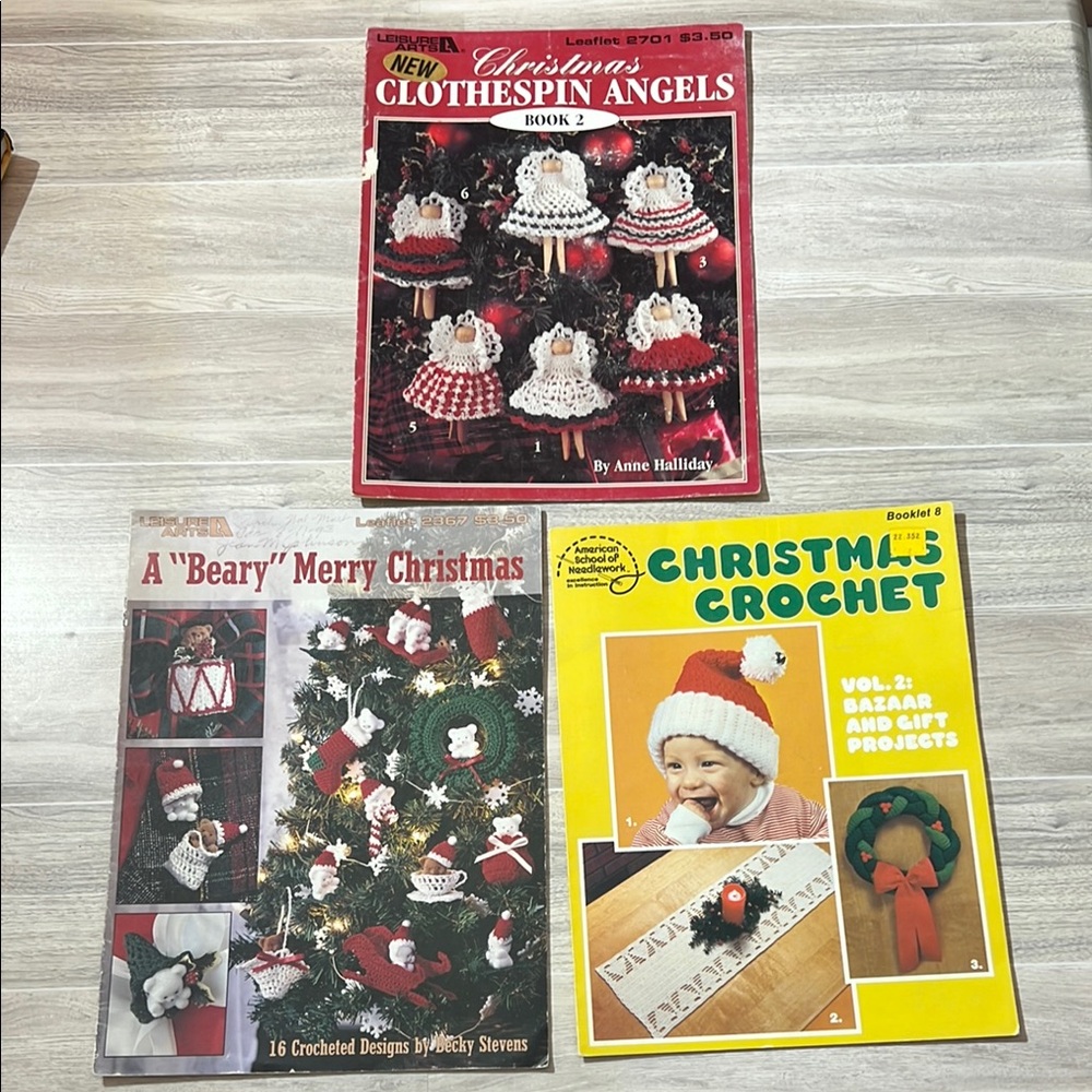 3 Vintage Christmas crochet patterns 90s craft clothes pin Leaflets